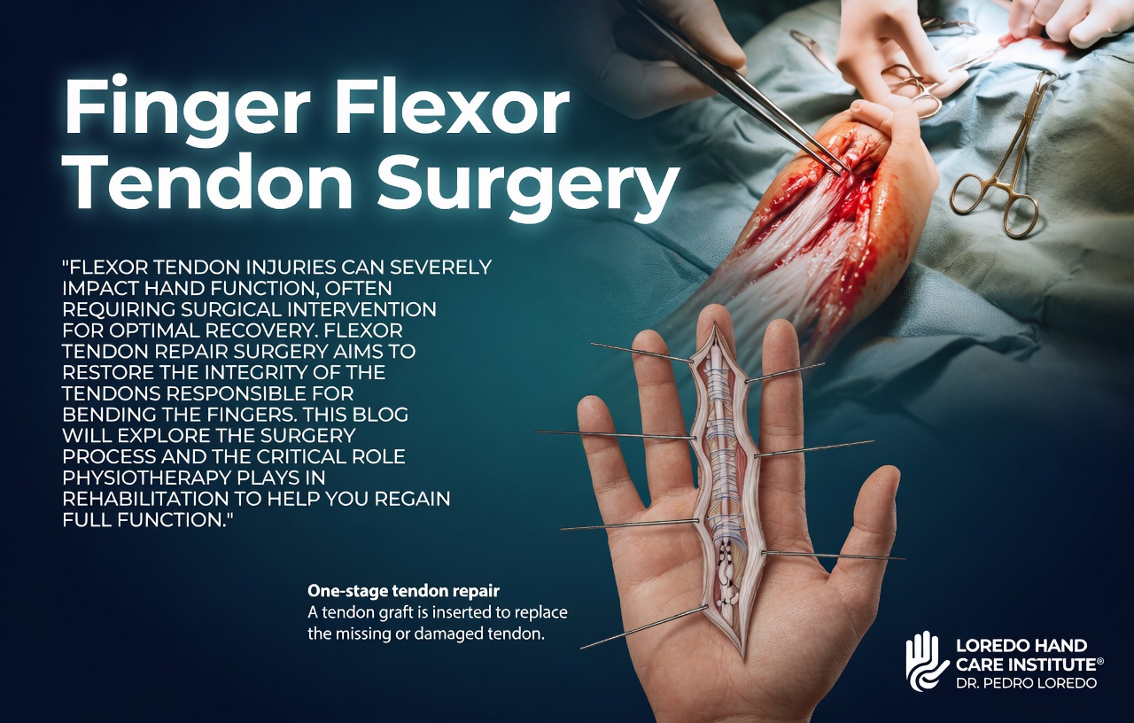 Flexor tendon repair surgery showing the surgical exposure of the cut tendon with the A2 and A4 pulleys preserved and the proximal and distal tendon ends brought together for repair.