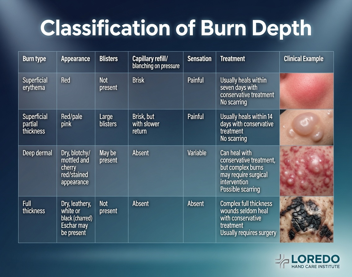Diagram of burn depth classification showing the layers of skin affected at each burn degree