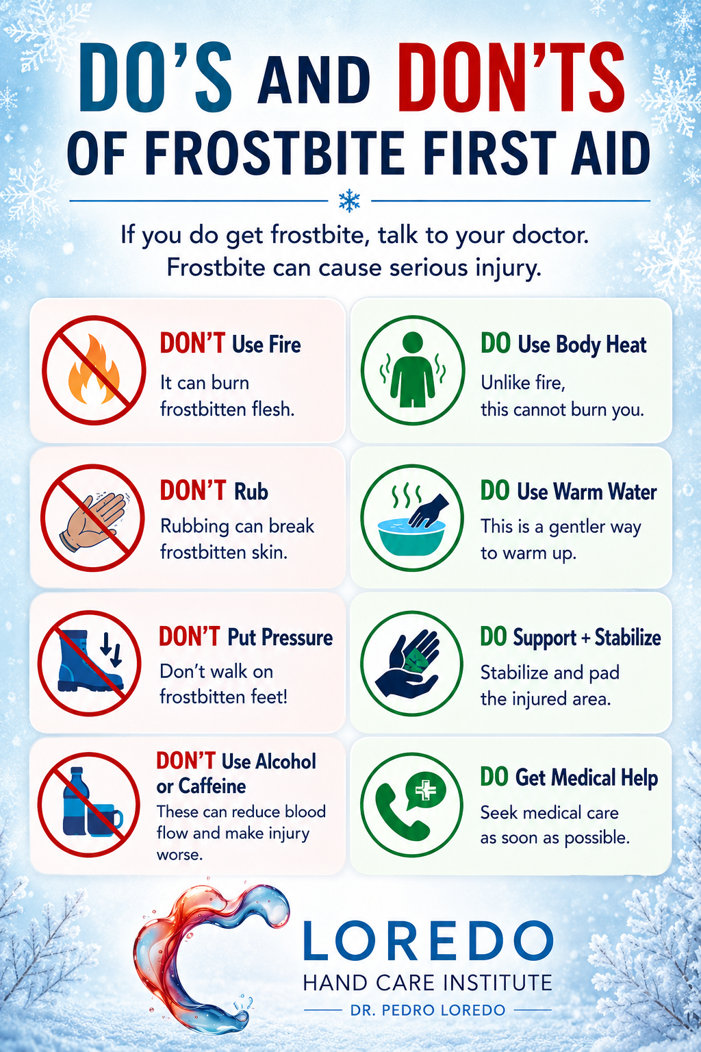 Do's and don'ts of frostbite first aid, including proper rewarming and what to avoid