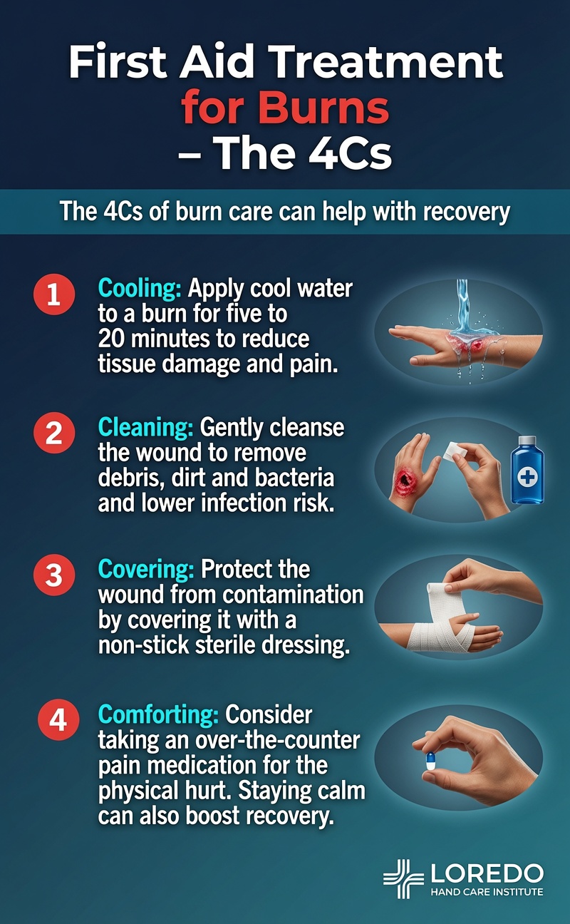 The 4 Cs of burn first aid: cooling, cleaning, covering, and comforting