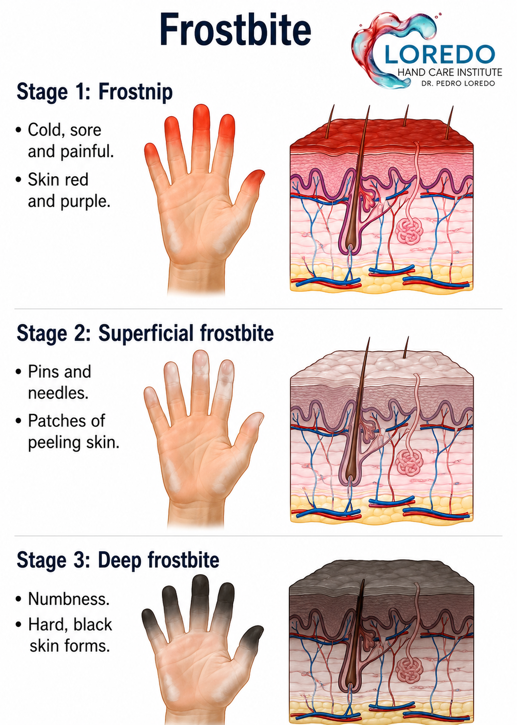 The stages of frostbite: stage 1 frostnip, stage 2 superficial frostbite, and stage 3 deep frostbite
