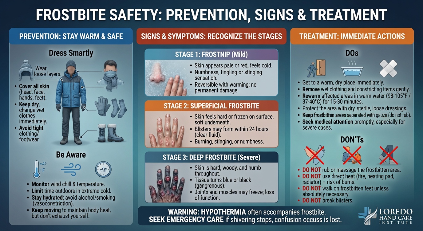 Frostbite safety overview covering prevention, warning signs, and treatment