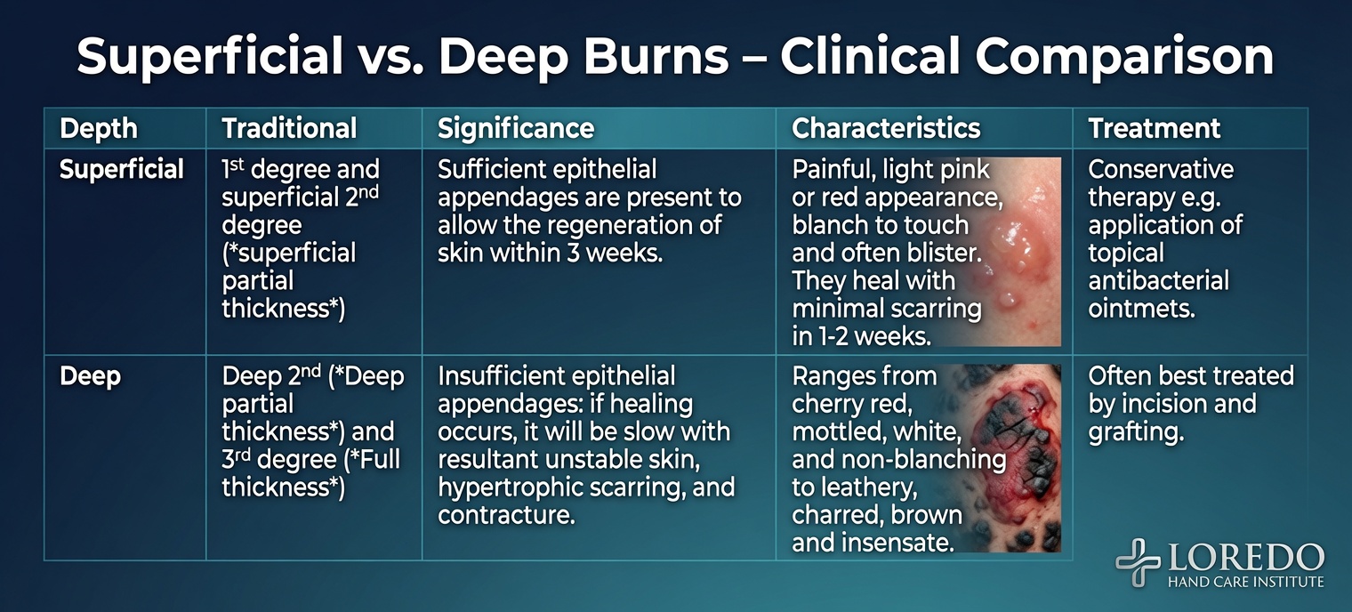 Clinical comparison of superficial versus deep burns showing differences in color, blistering, and appearance