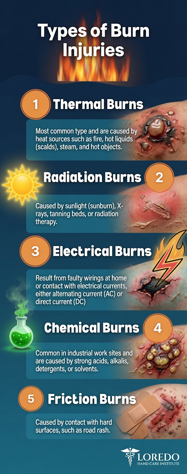 The main mechanisms of hand burn injury: thermal, radiation, electrical, chemical, and friction burns