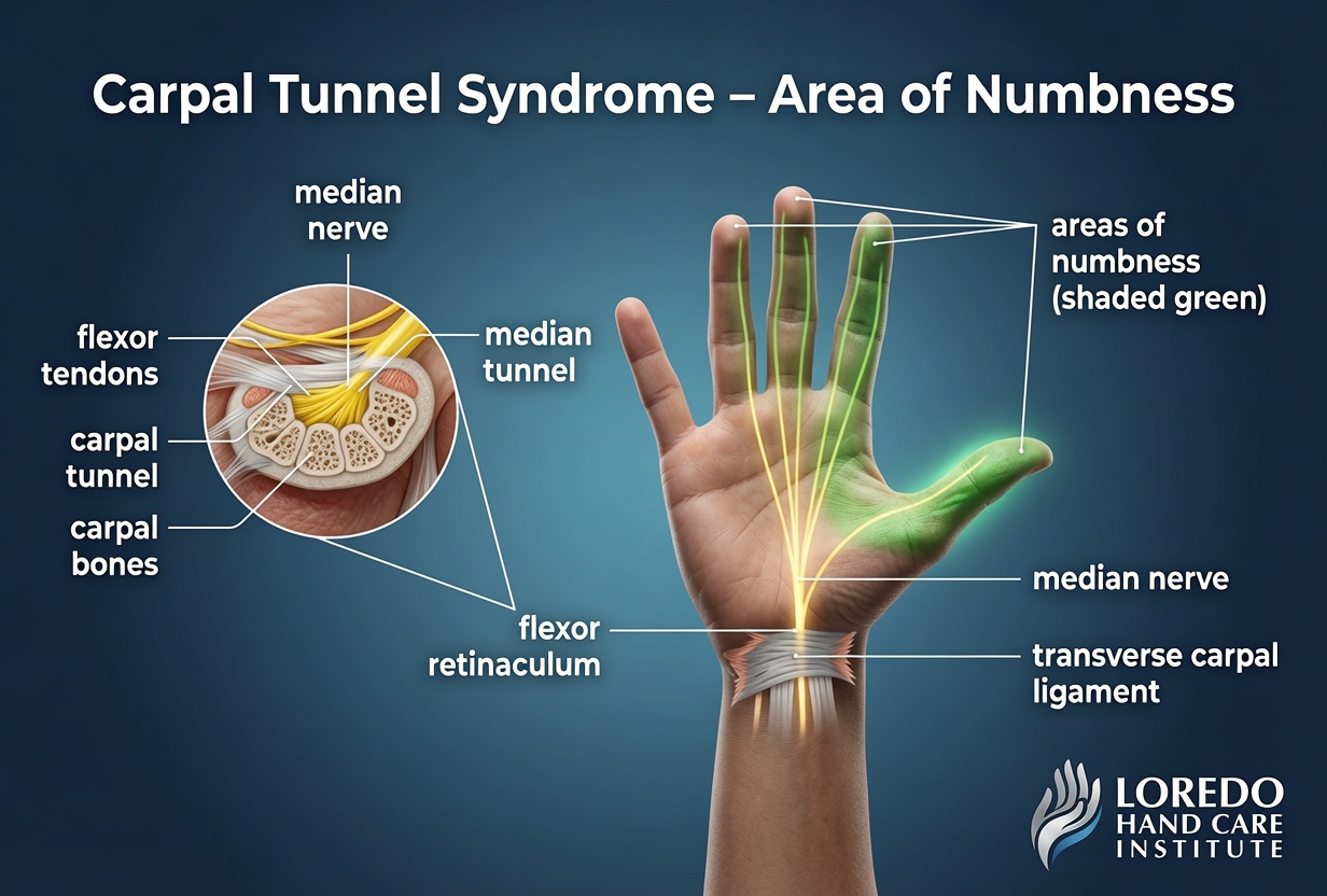 Carpal tunnel syndrome map showing the areas of numbness in the thumb, index, middle, and ring fingers along the median nerve distribution