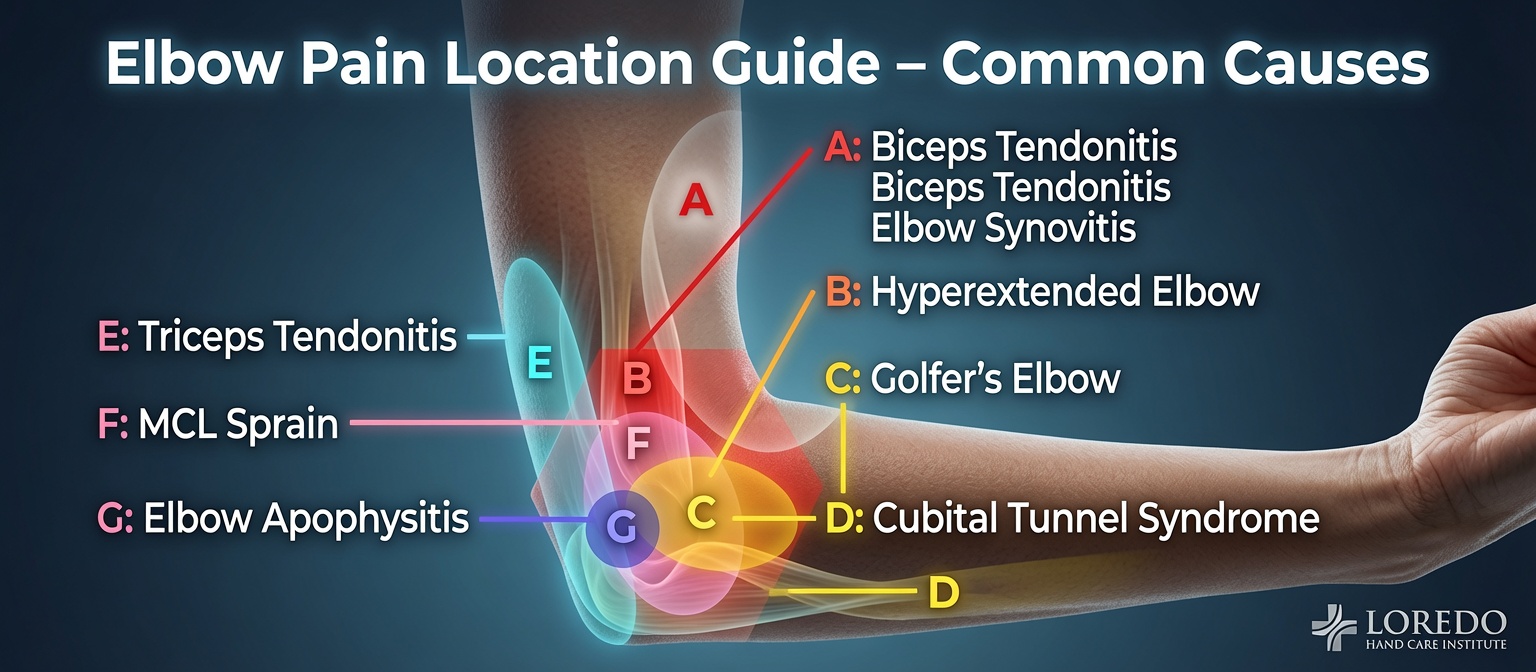 Guide map of the common causes of elbow pain by location, comparing lateral elbow tennis elbow, medial elbow golfer's elbow, and cubital tunnel syndrome