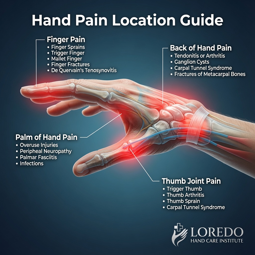 Pain location map of the hand and elbow showing where common conditions localize, from lateral elbow tennis elbow to thumb base arthritis to volar wrist carpal tunnel syndrome