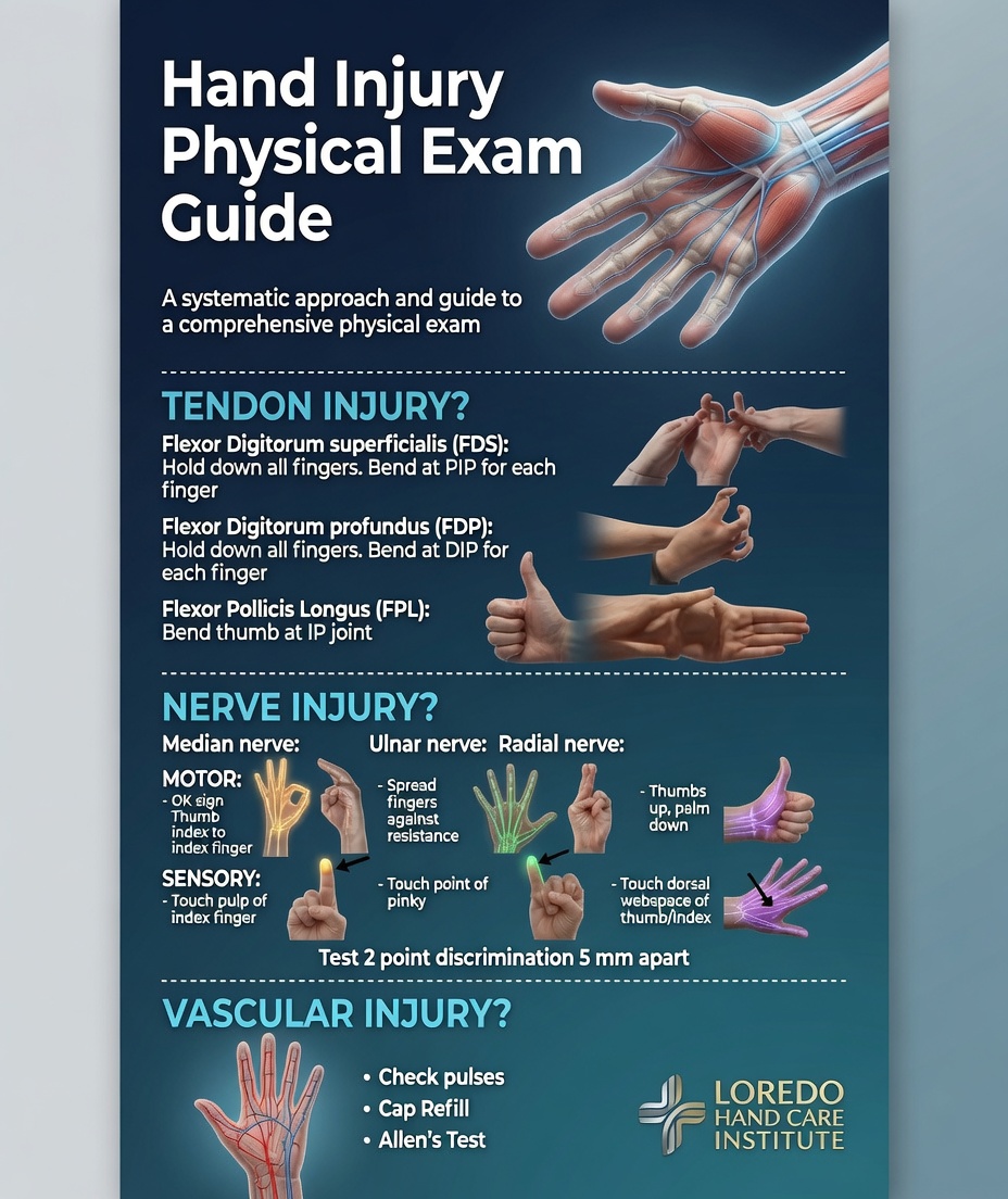 Hand injury physical exam guide showing provocative tests and examination steps used to evaluate hand and elbow pain