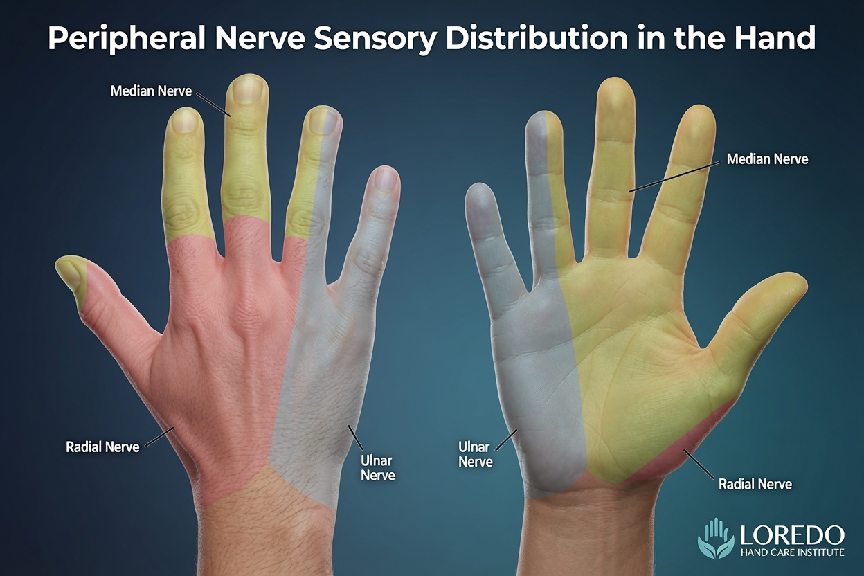 Peripheral nerve sensory distribution map of the hand showing the median, ulnar, and radial nerve territories used to localize numbness and tingling