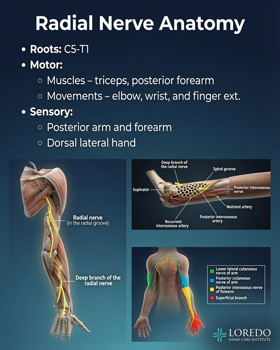Radial nerve anatomy from the upper arm through the forearm, showing the course relevant to radial tunnel syndrome near the lateral elbow