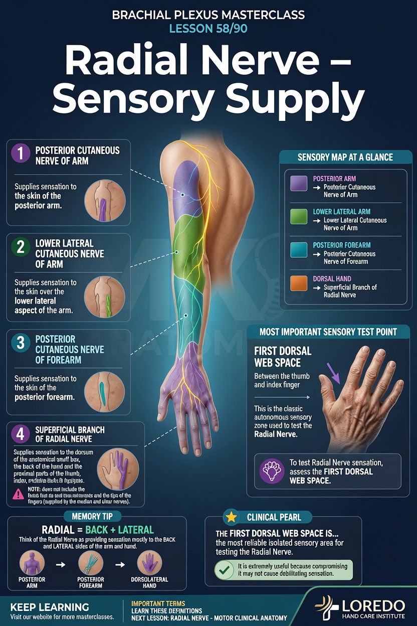 Radial nerve sensory supply diagram showing the back of the hand and thumb territory associated with radial nerve or radial tunnel involvement
