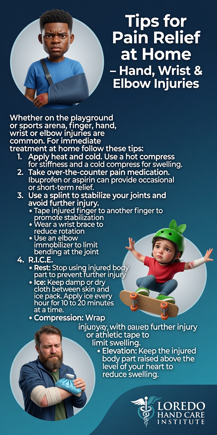 Tips for pain relief at home for hand, wrist, and elbow injuries including rest, ice, splinting, and activity modification