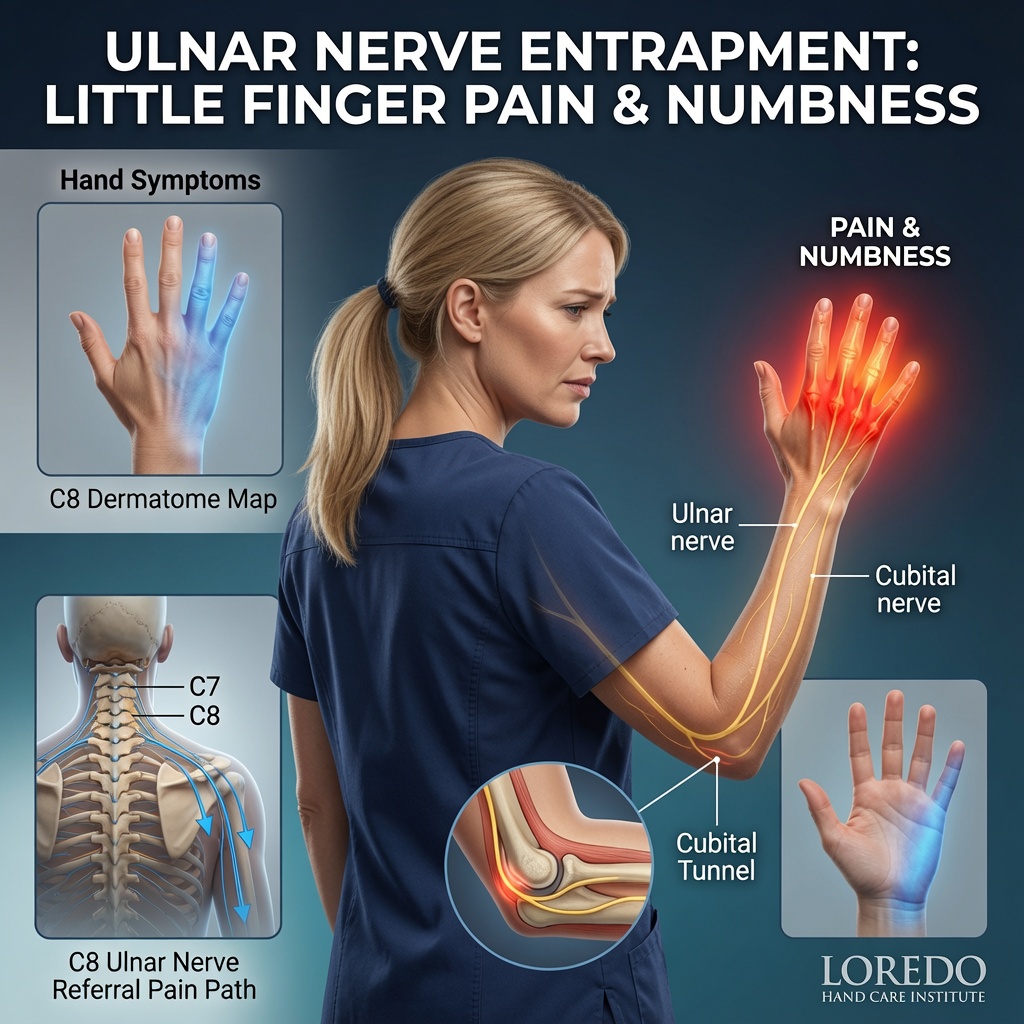 Ulnar nerve entrapment diagram showing little finger and ring finger pain and numbness from cubital tunnel or Guyon's canal compression