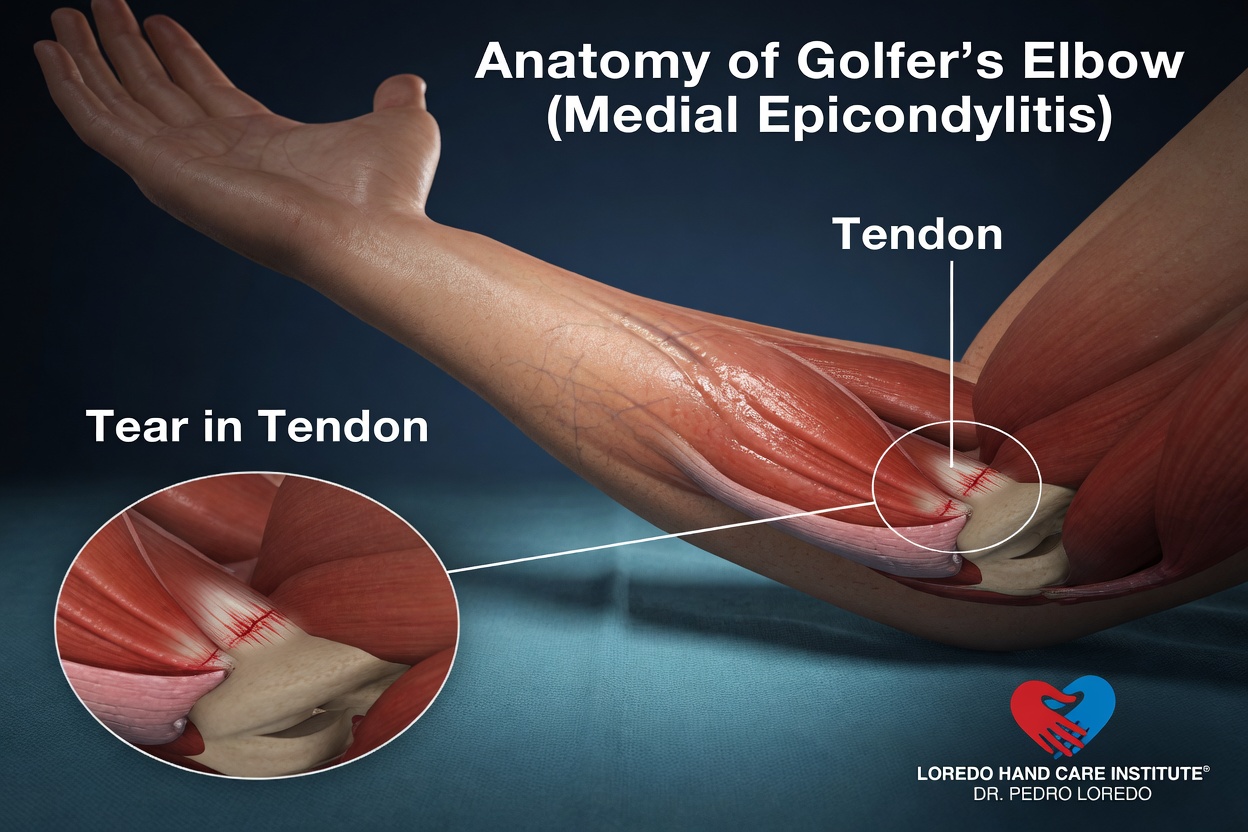 Detailed anatomy of the medial elbow showing the flexor-pronator tendon origin at the medial epicondyle, the ulnar nerve in the cubital tunnel, and the surrounding muscles of the forearm