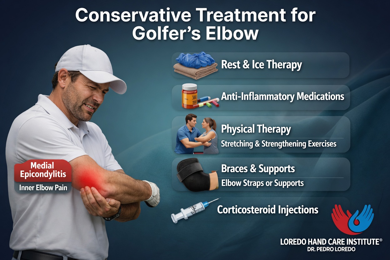 Conservative treatment options for golfer's elbow including activity modification, counterforce brace, eccentric forearm flexor strengthening, and physical therapy