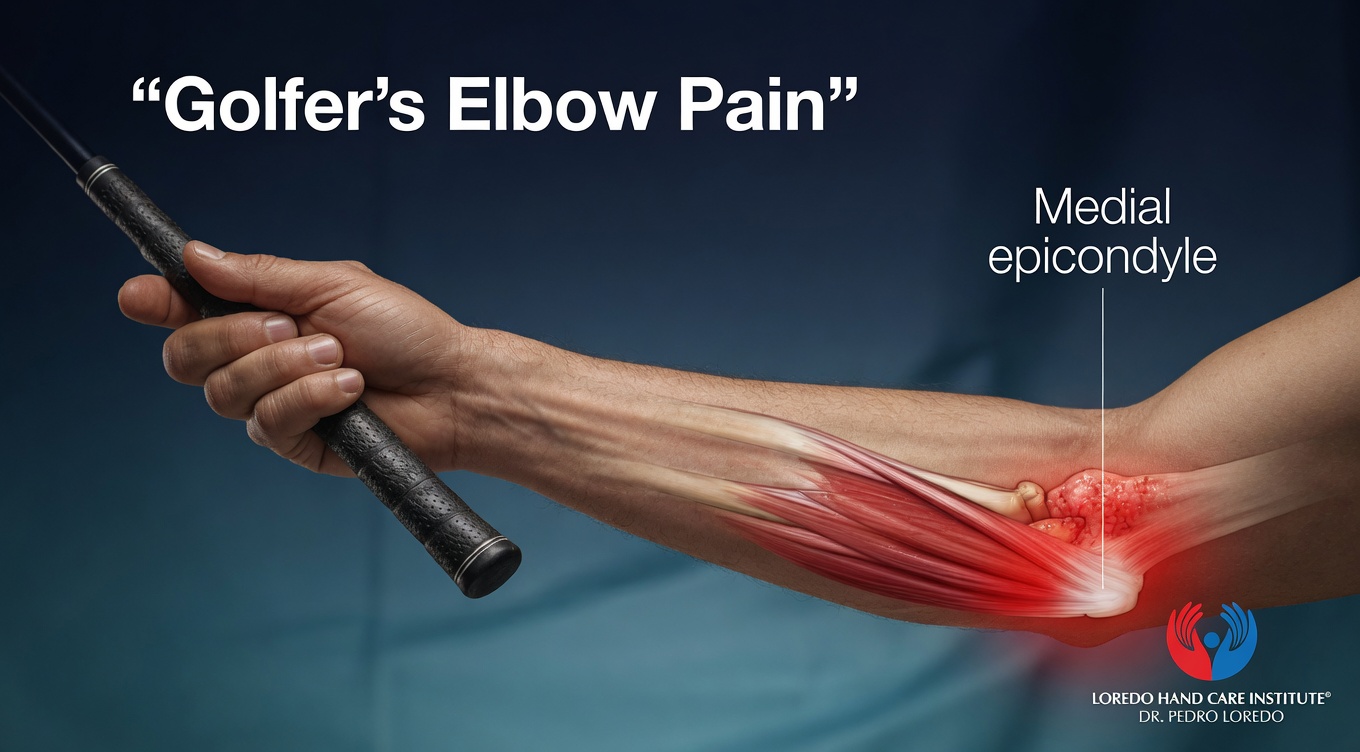 Golfer's elbow pain pattern showing the typical location of inner elbow pain at the medial epicondyle, often radiating down the inside of the forearm and aggravated by gripping, wrist flexion, and forearm pronation