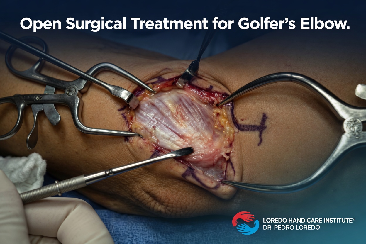 Open flexor-pronator release and debridement for golfer's elbow showing surgical exposure of the medial epicondyle, the diseased tendon origin, and the ulnar nerve protected behind in the cubital tunnel