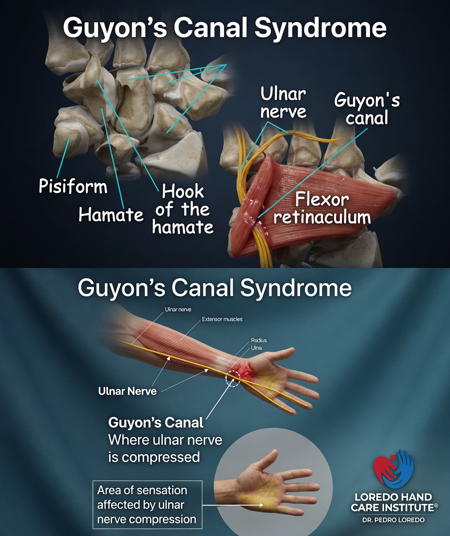 Detailed anatomy of Guyon's canal at the wrist showing the pisiform bone, the hook of the hamate, the ulnar nerve splitting into superficial sensory and deep motor branches, and the ulnar artery