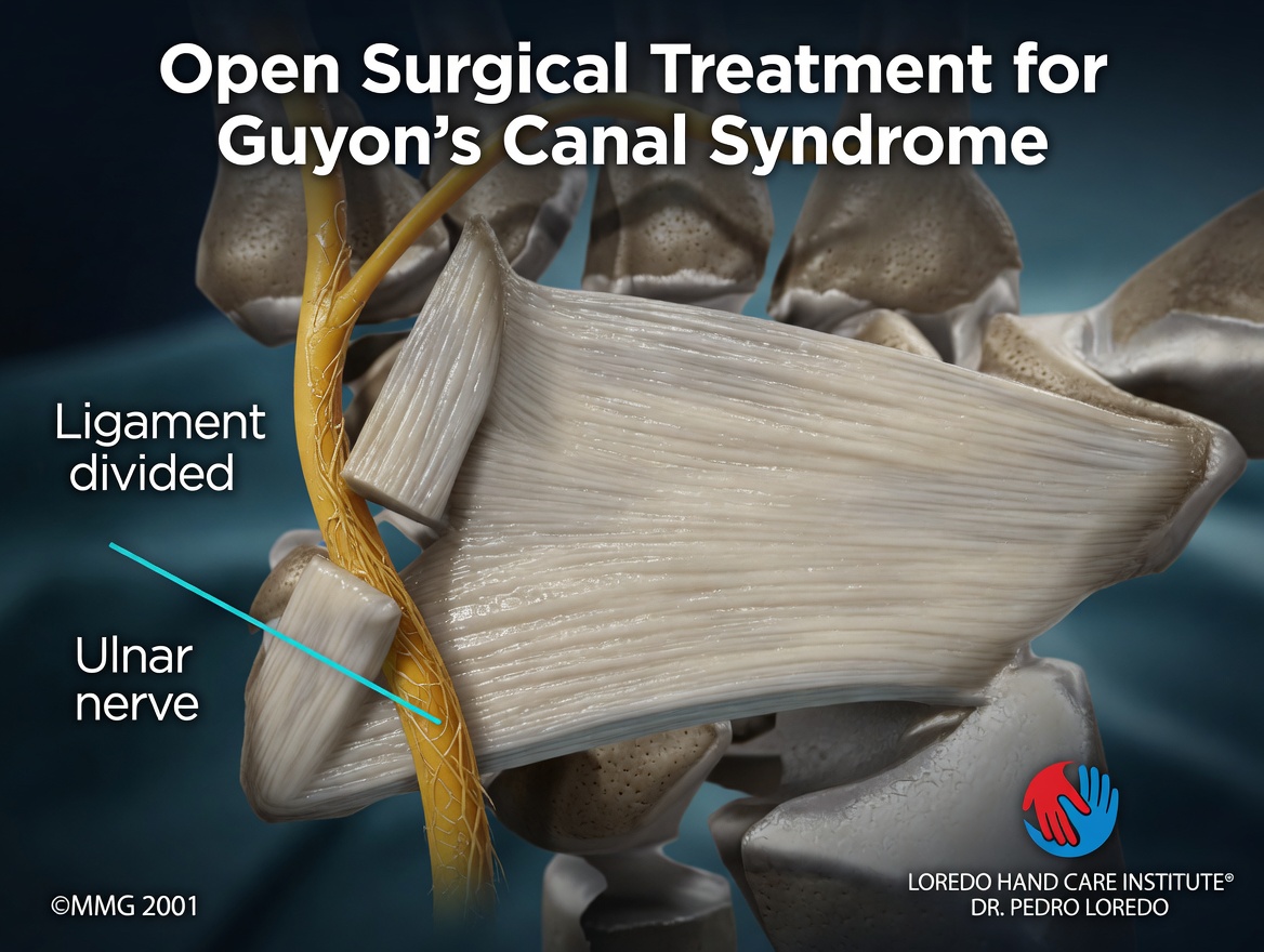 Ulnar nerve decompression at Guyon's canal, first illustration showing surgical exposure of the canal at the volar ulnar wrist with the volar carpal ligament identified