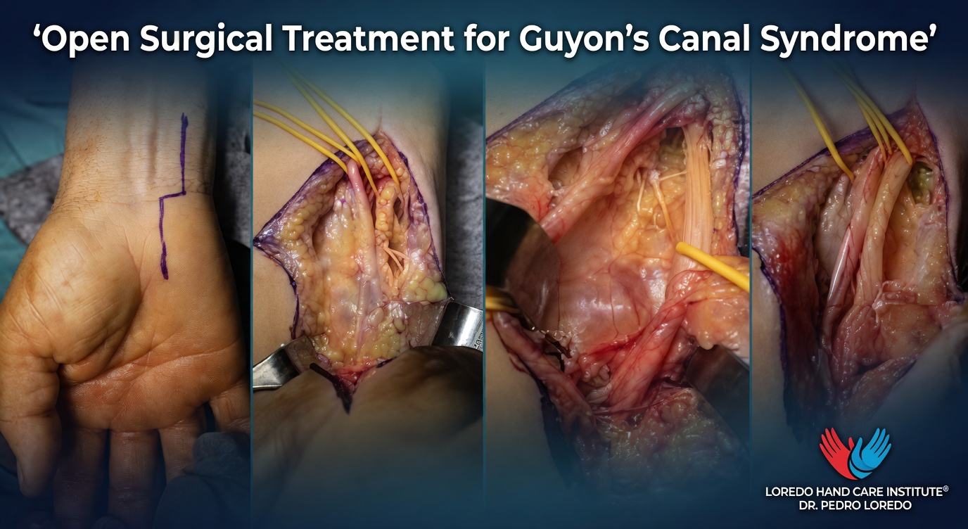 Ulnar nerve decompression at Guyon's canal, second illustration showing release of the volar carpal ligament with the ulnar nerve and artery identified and protected