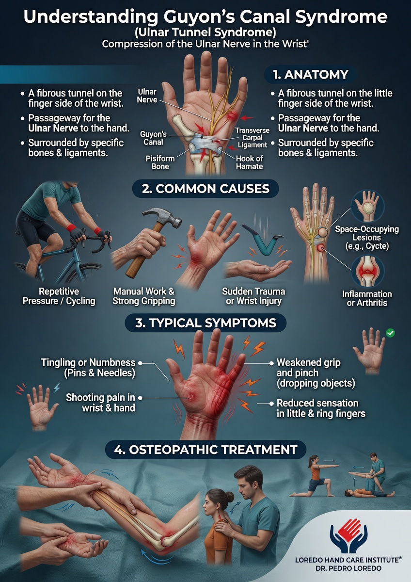 Overview of Guyon's canal syndrome: ulnar nerve compression at the wrist between the pisiform bone and the hook of the hamate, causing numbness in the ring and small fingers and weakness of the small hand muscles