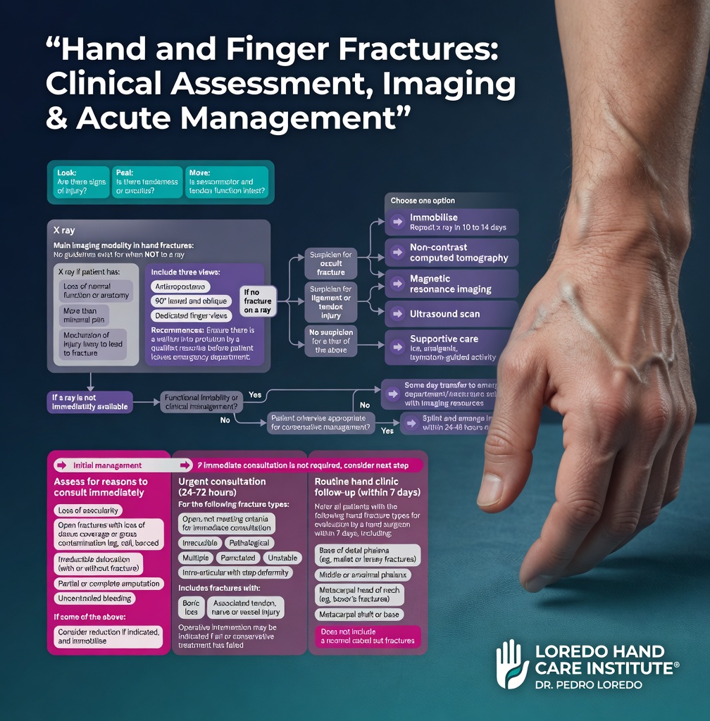 Hand and finger fracture imaging and clinical assessment workflow showing standard PA, lateral, and oblique X-ray views of the hand and wrist, dedicated scaphoid views in ulnar deviation, CT scan for articular and complex injuries, and MRI for occult scaphoid fractures.