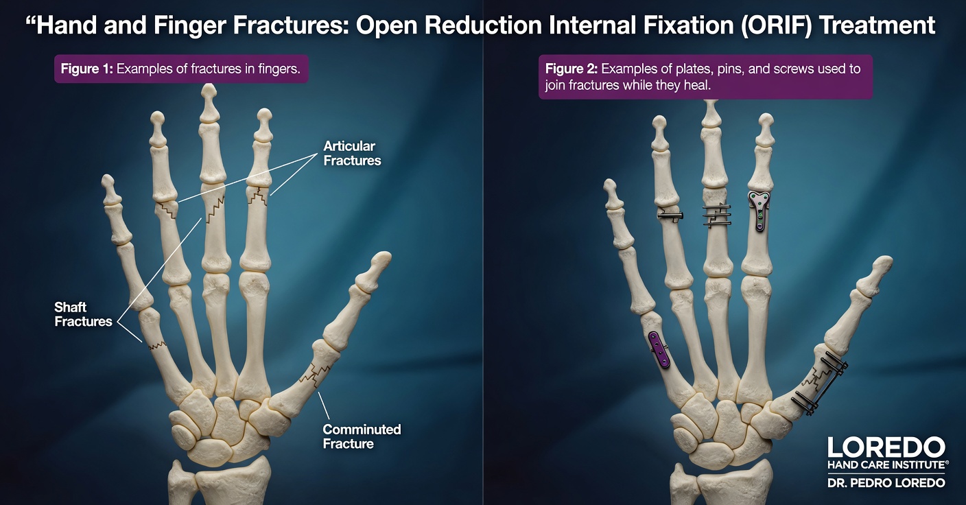 Open reduction and internal fixation (ORIF) of a hand or finger fracture showing surgical exposure of the fracture site, anatomic reduction of the bone fragments, and rigid fixation with a contoured plate and screws.