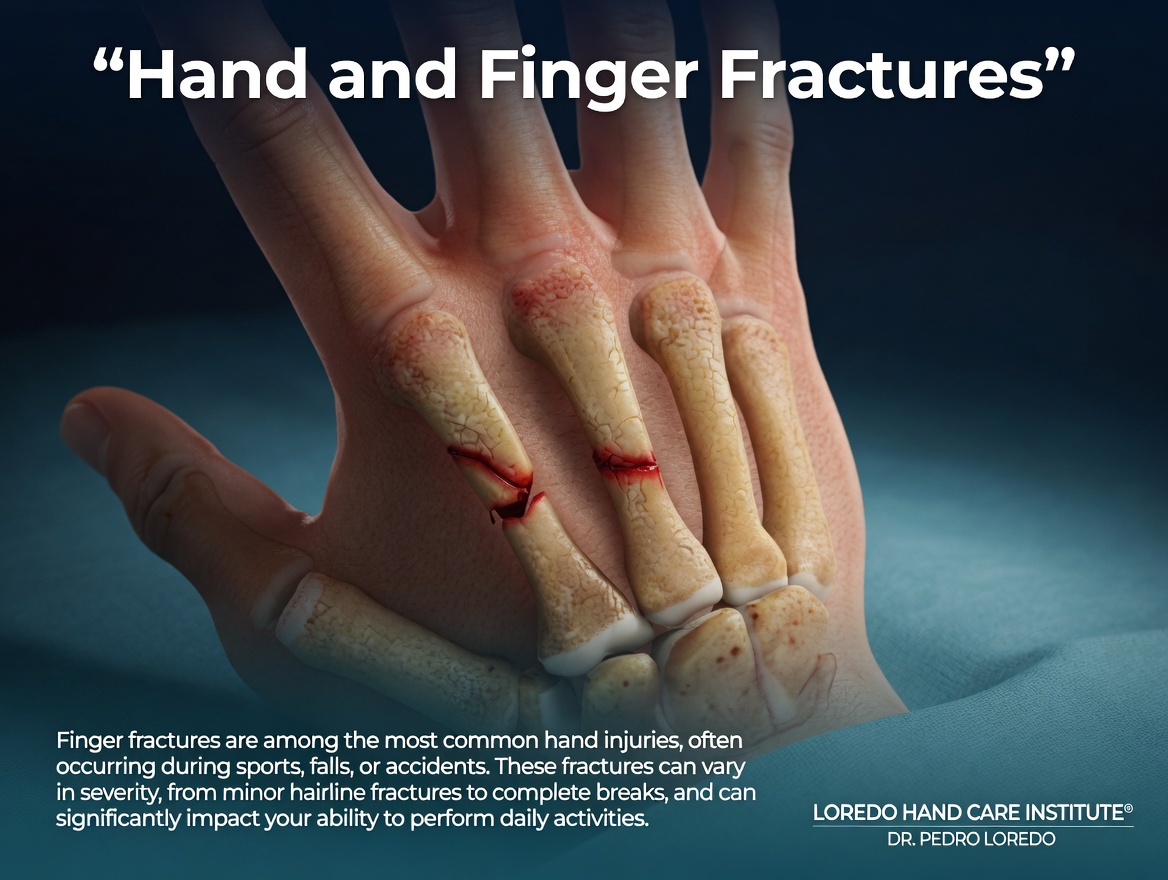 Hand and finger fracture overview showing common patterns including distal radius fracture, scaphoid fracture, boxer's fracture of the 5th metacarpal, and phalanx fracture, with the four major fracture sites highlighted on the bones of the hand and wrist.
