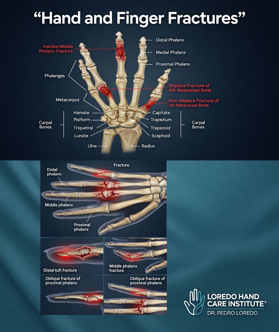 Common hand and finger fracture types shown on the skeletal anatomy of the hand and wrist, including transverse, oblique, spiral, comminuted, and intra-articular fracture patterns across distal radius, scaphoid, metacarpal, and phalanx bones.