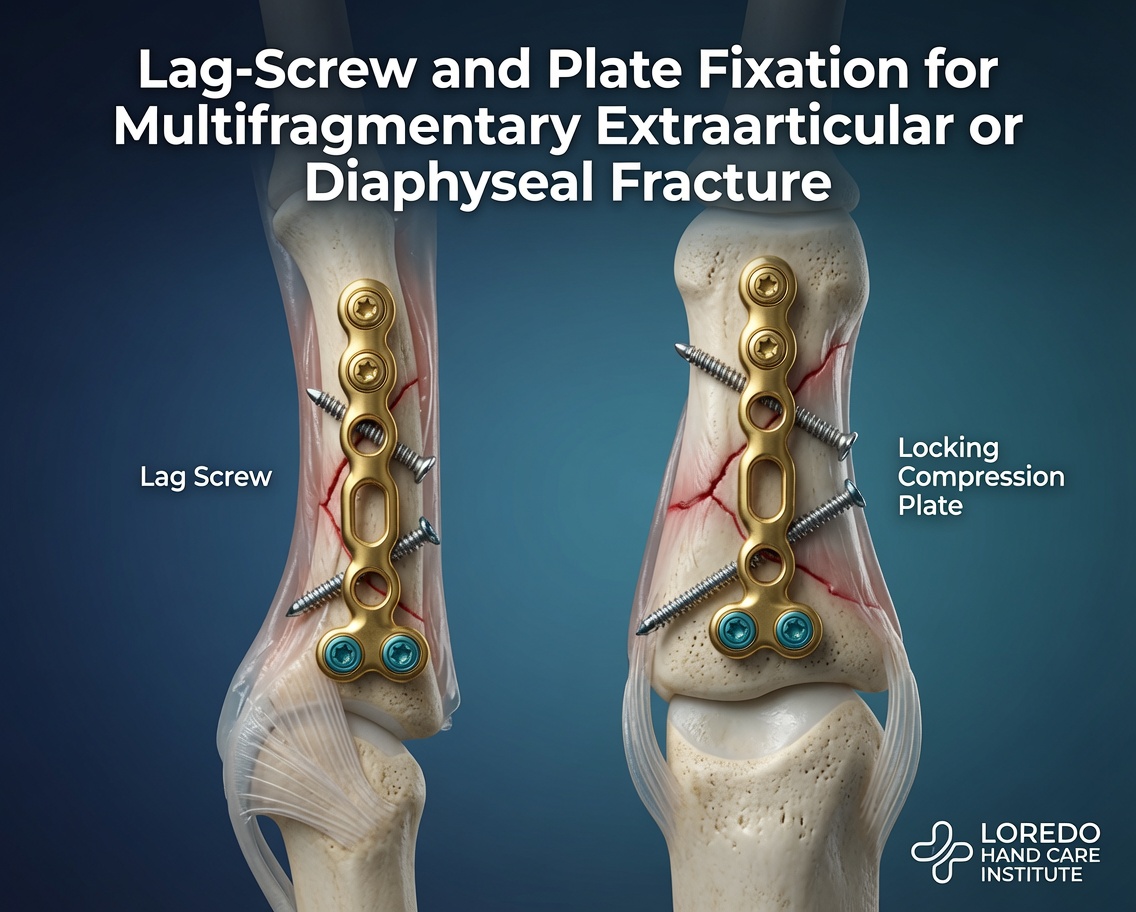 Lag screw and plate fixation of a finger fracture providing compression across the fracture site