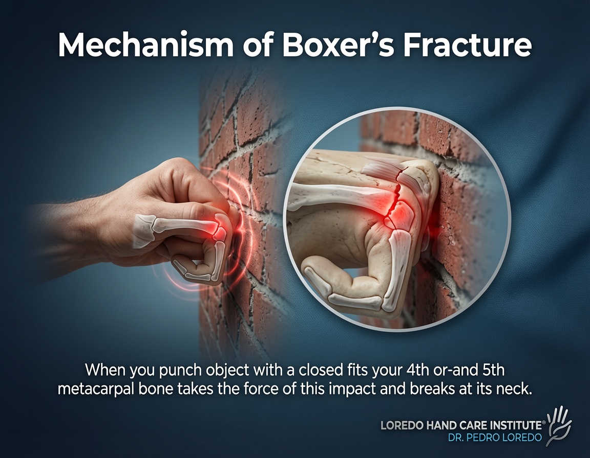 Mechanism of injury for a boxer's fracture of the 5th metacarpal neck from an axial blow to a clenched fist
