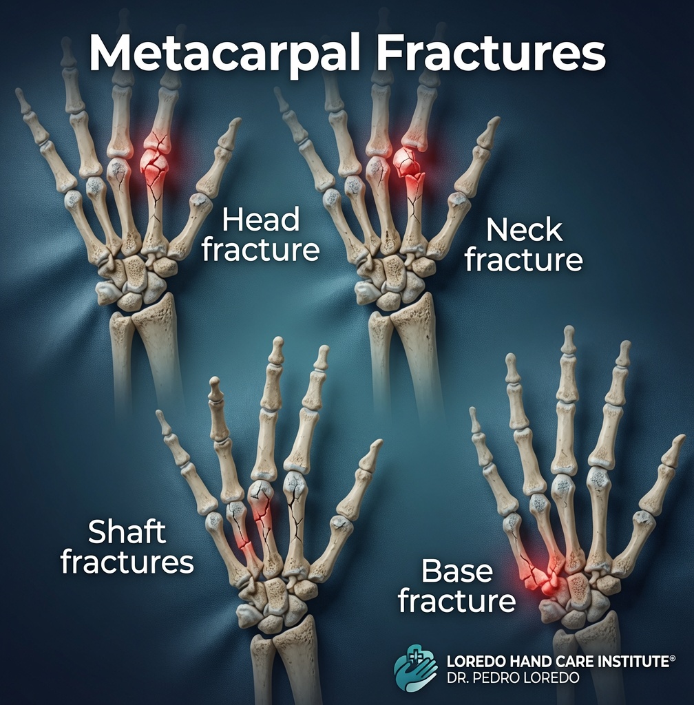 Common metacarpal fracture patterns of the hand including neck, shaft, and base fractures