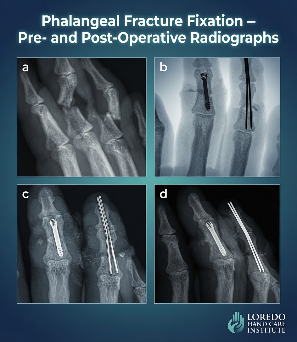 Pre-operative and post-operative radiographs of a phalanx fracture before and after fixation