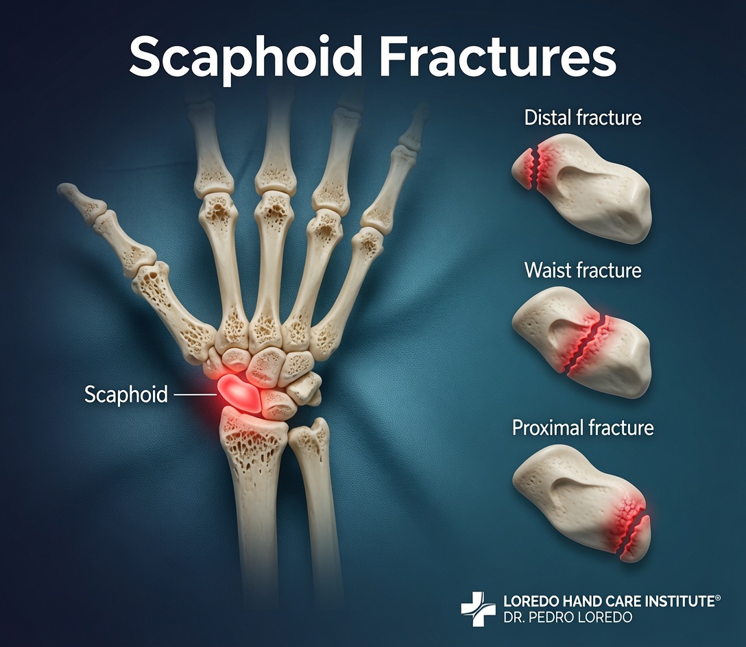 Scaphoid fracture locations including waist, distal pole, and proximal pole fractures