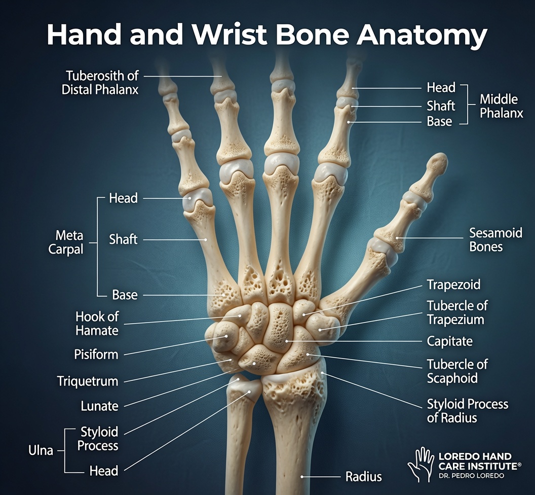 Skeletal anatomy of the hand and wrist showing the carpal bones, metacarpals, and phalanges