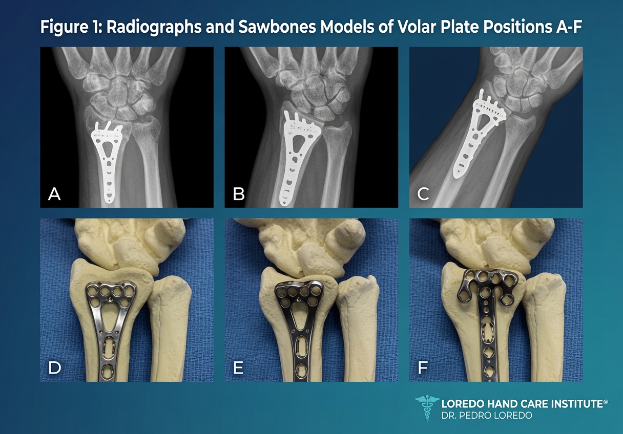 Radiograph and sawbone model demonstrating volar plate fixation of the distal radius
