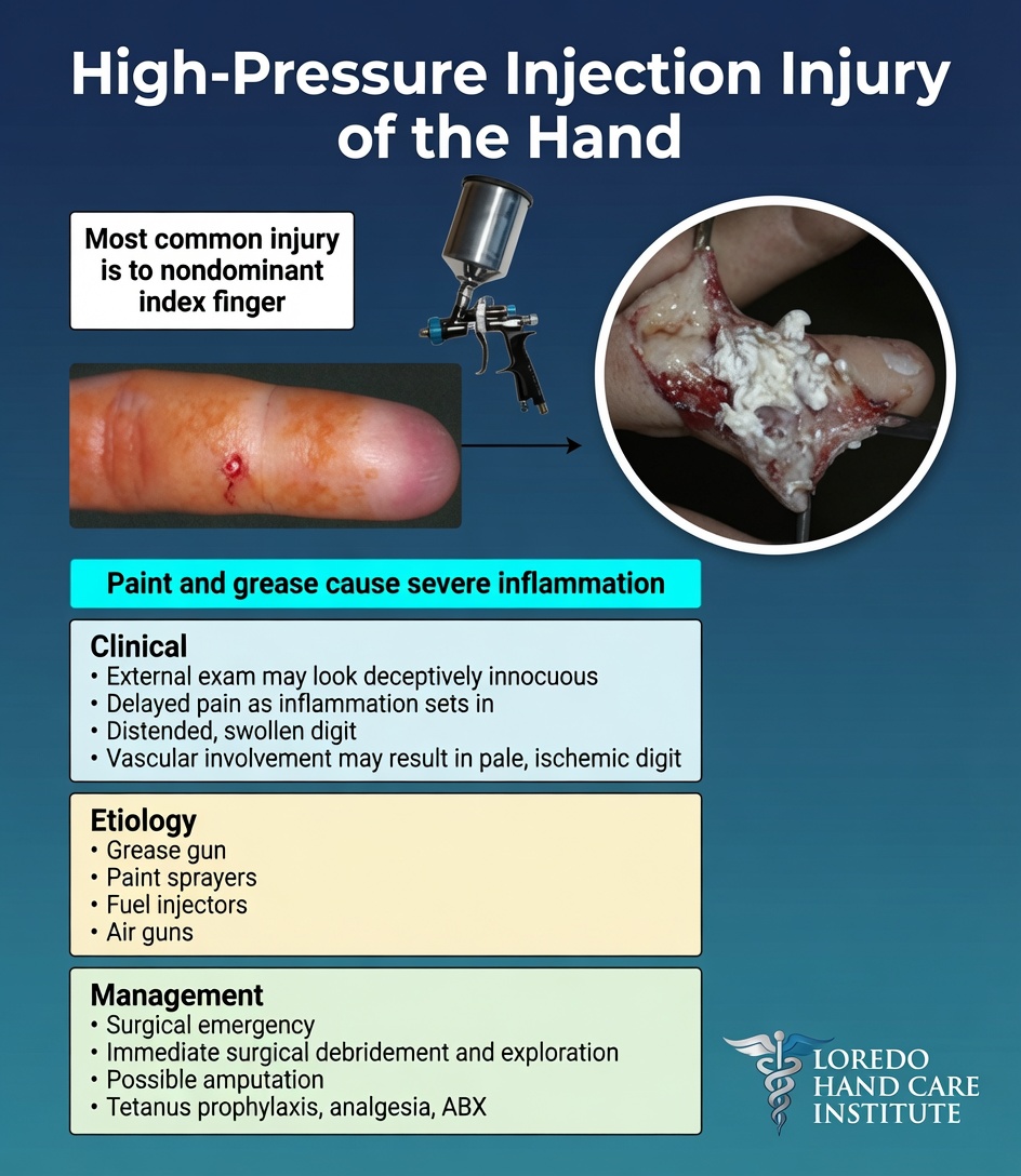 Small, innocuous-looking entry wound of a high-pressure injection injury at the non-dominant index finger, the most common injury site