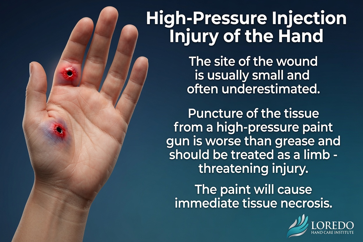 Puncture wound and underlying tissue damage from a high-pressure injection injury of the hand