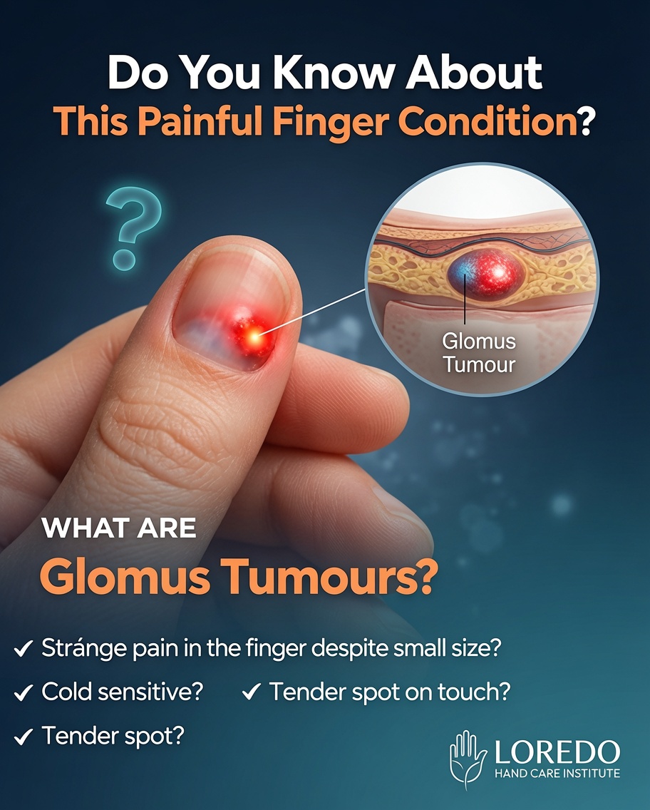 Educational graphic explaining the painful finger condition glomus tumor, a small benign tumor that causes severe localized pain and cold sensitivity