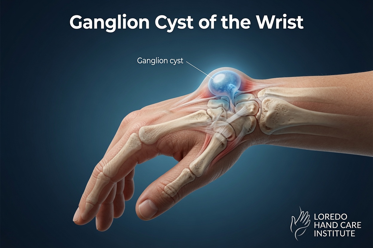 Ganglion cyst at the wrist, the most common benign hand mass, typically located on the dorsal wrist over the scapholunate ligament