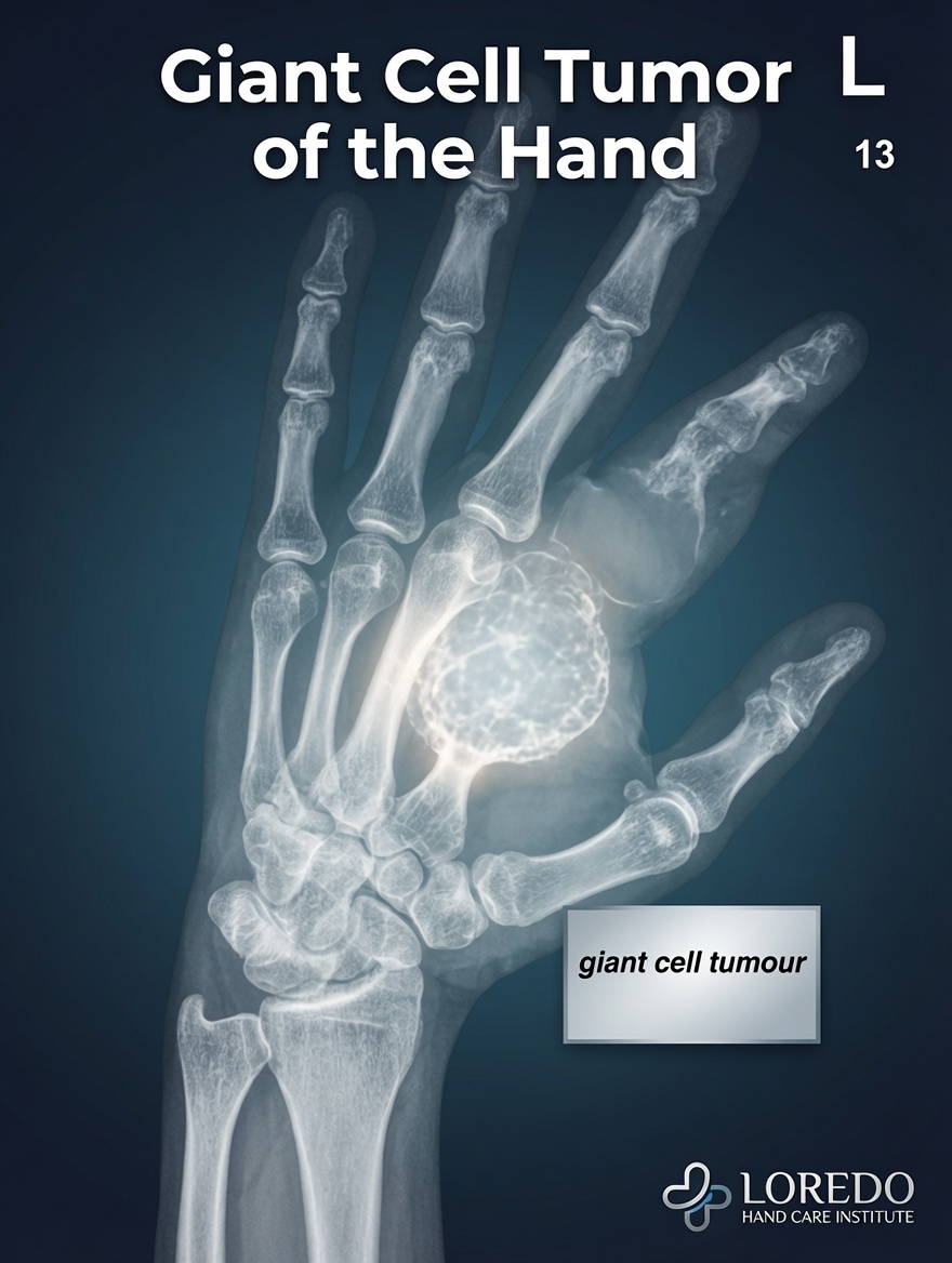 X-ray of the hand showing a giant cell tumor of the tendon sheath, the second most common solid mass of the hand