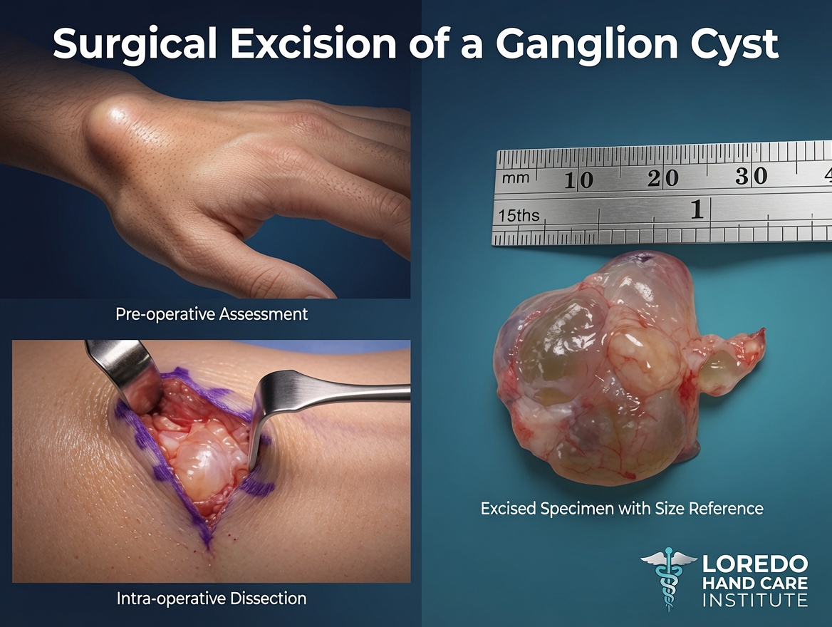 Surgical excision of a ganglion cyst through a small incision, removing the mass and its connection to the underlying joint capsule