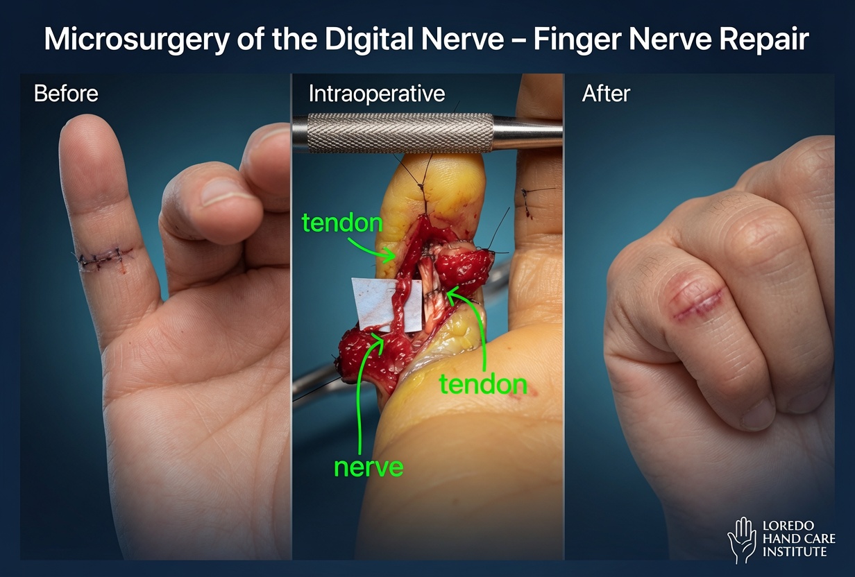 Microsurgery being performed to repair a digital nerve under an operating microscope