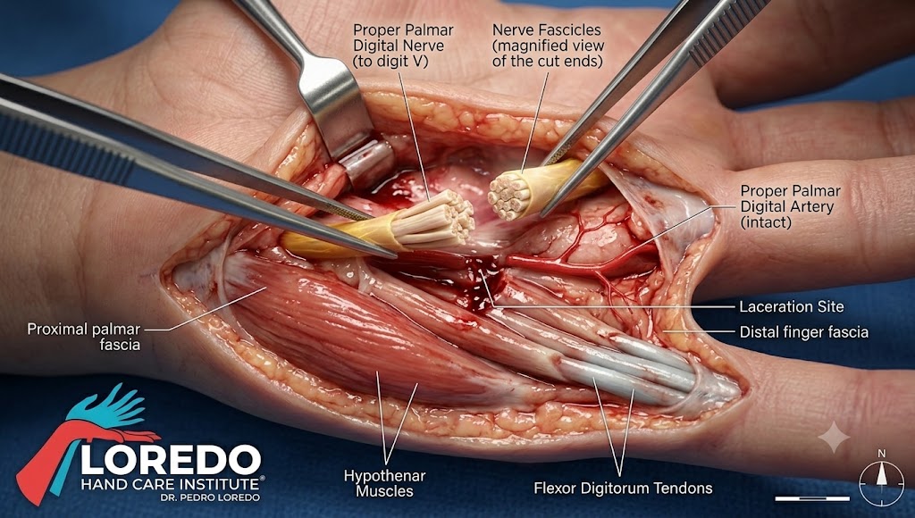 Microsurgical repair of a digital nerve at the hand level, with fine sutures placed in the epineurium