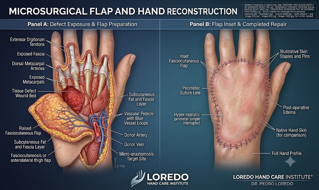 Microsurgical free flap reconstruction of the hand, connecting donor vessels to recipient vessels