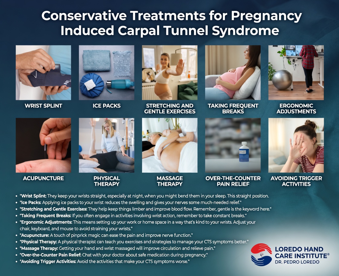Conservative pregnancy-safe treatment for pregnancy-induced carpal tunnel syndrome including wrist splinting in neutral position, activity modification, and ergonomic adjustments