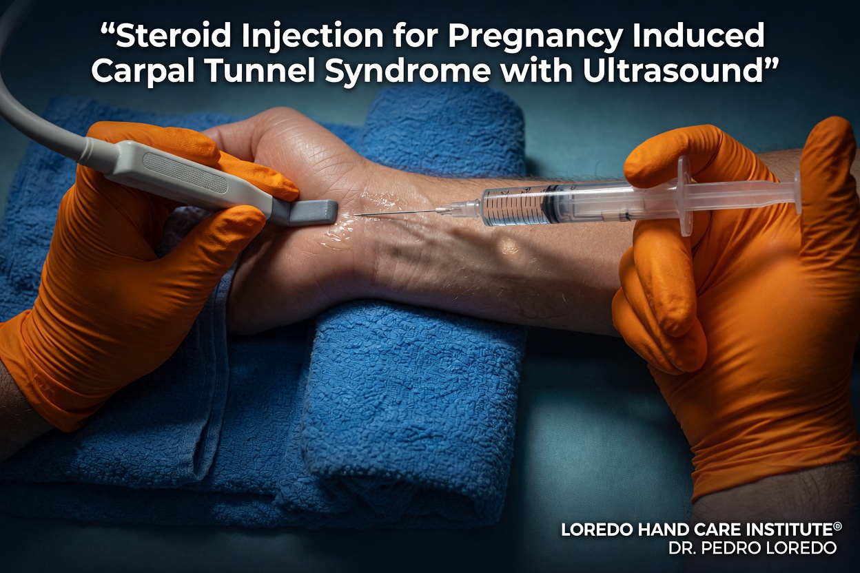 Ultrasound-guided corticosteroid injection at the carpal tunnel for pregnancy-induced carpal tunnel syndrome, showing the needle entering the tunnel beside the median nerve under live ultrasound visualization