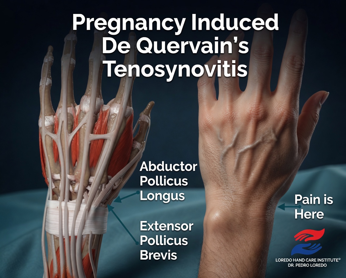 Pregnancy and postpartum induced De Quervain's tenosynovitis showing inflammation of the abductor pollicis longus and extensor pollicis brevis tendons in the first dorsal compartment at the thumb-side of the wrist