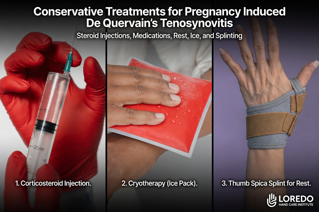 Conservative treatment for pregnancy-induced De Quervain's tenosynovitis including thumb spica splinting, ergonomic infant care techniques, and activity modification