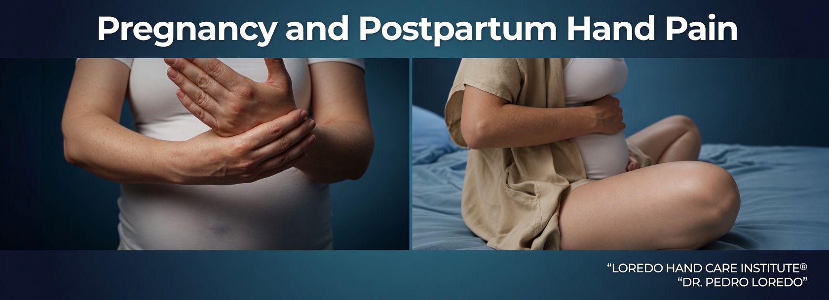 Pregnancy and postpartum hand pain overview showing the two most common patterns: pregnancy-related carpal tunnel syndrome at the wrist and postpartum De Quervain's tenosynovitis at the thumb-side wrist